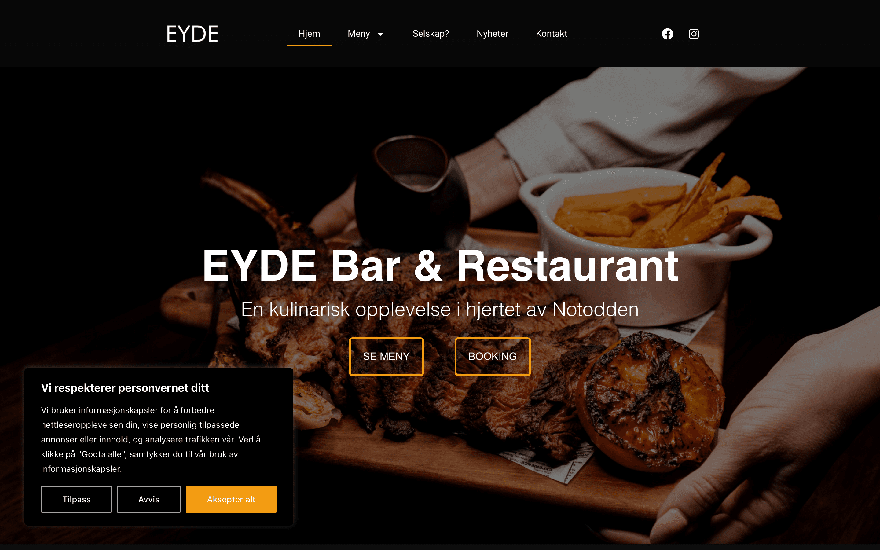 Nettside for Eyde Restaurant, forside – laget av Eidevisuals